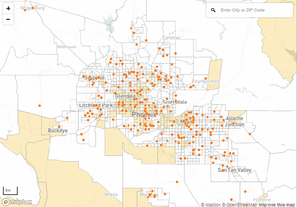 Locations of charter schools in the Phoenix area