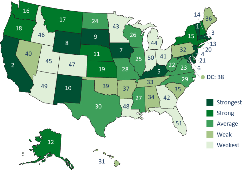 Figure 6 showing that the states with the most union-aligned education policies aren’t necessarily the states with the strongest teacher unions