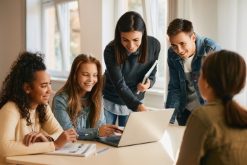 Happy students and teacher in a classroom