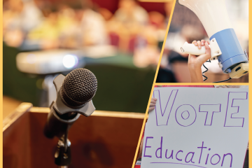 llage showing symbols of school board politics: a close-up of a microphone on a podium with blurred audience in the background, a hand holding a blue and white megaphone, and a protest sign reading “Vote Education.”