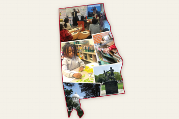 Collage of Alabama classrooms, a student working with letters, books, the Alabama State Capitol, and a Civil Rights monument, arranged within the outline of Alabama against a cream background.