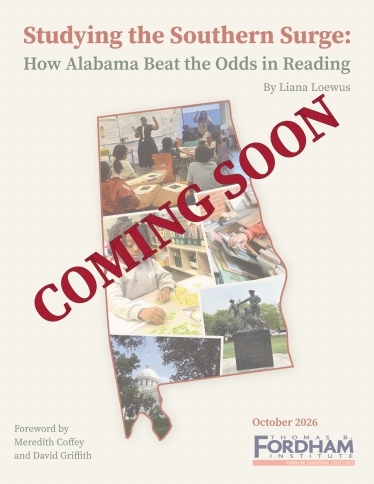 Cover of Studying the Southern Surge: How Alabama Beat the Odds in Reading by Liana Loewus. Features a collage of Alabama classrooms, students, books, and landmarks arranged within the state’s outline, with a large diagonal “COMING SOON” overlay.