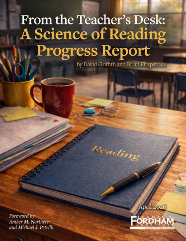 Cover of Fordham Institute report titled ‘From the Teacher’s Desk: A Science of Reading Progress Report,’ showing a notebook labeled ‘Reading’ and a pen on a classroom desk.