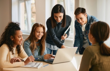 Happy students and teacher in a classroom