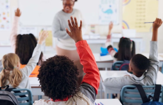 Students raising their hands in a school classroom