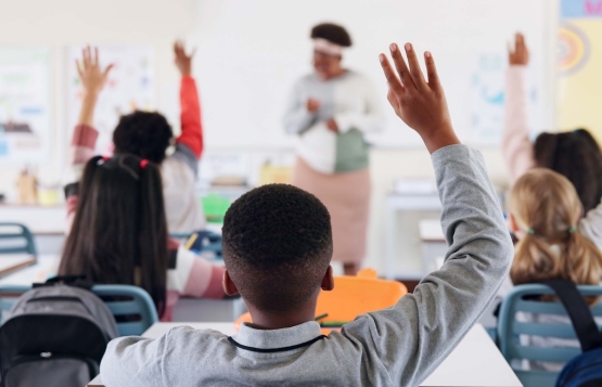 Students raising their hands in a school classroom