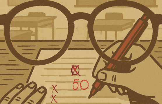 Teacher grading a school assignment